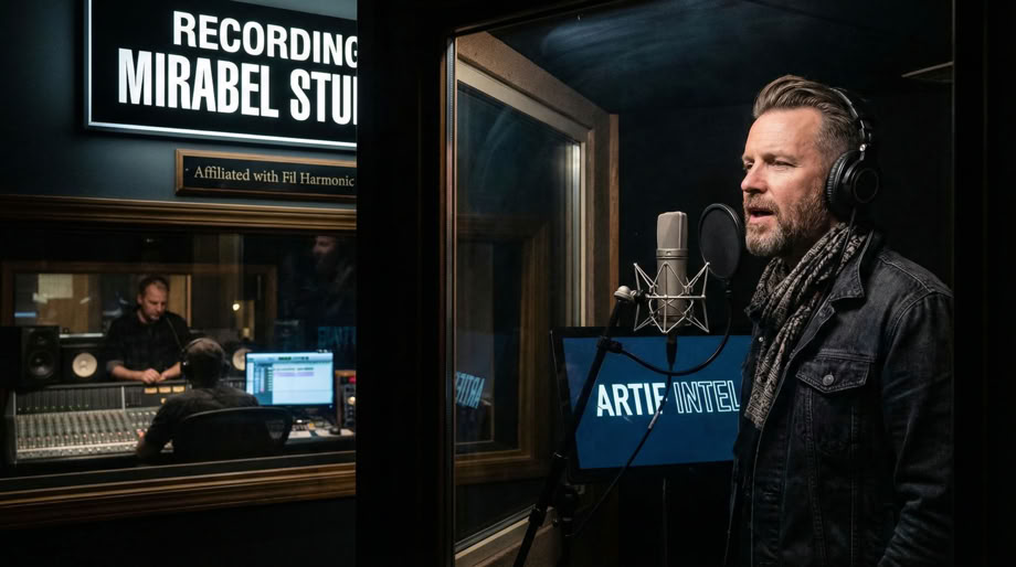 A focused audio engineer adjusts sound levels on a control panel in a modern recording studio.